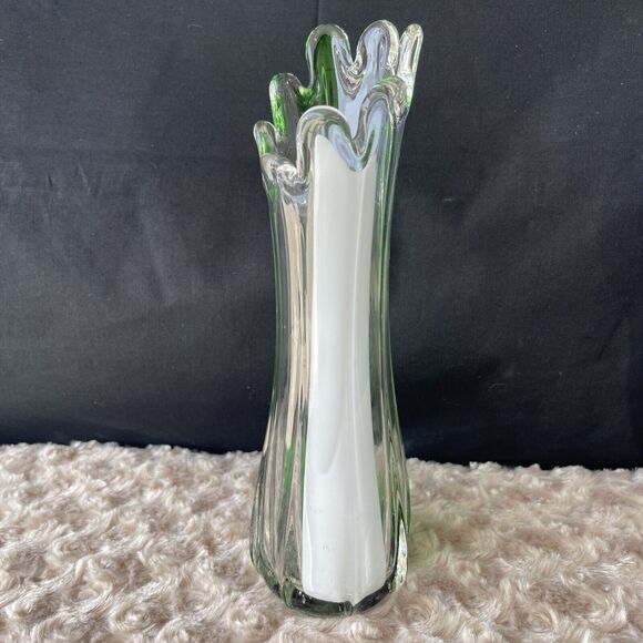 Vintage Swung Glass Finger Vase Clear White Green Ribbed 9” Handblown - Picture 3 of 8